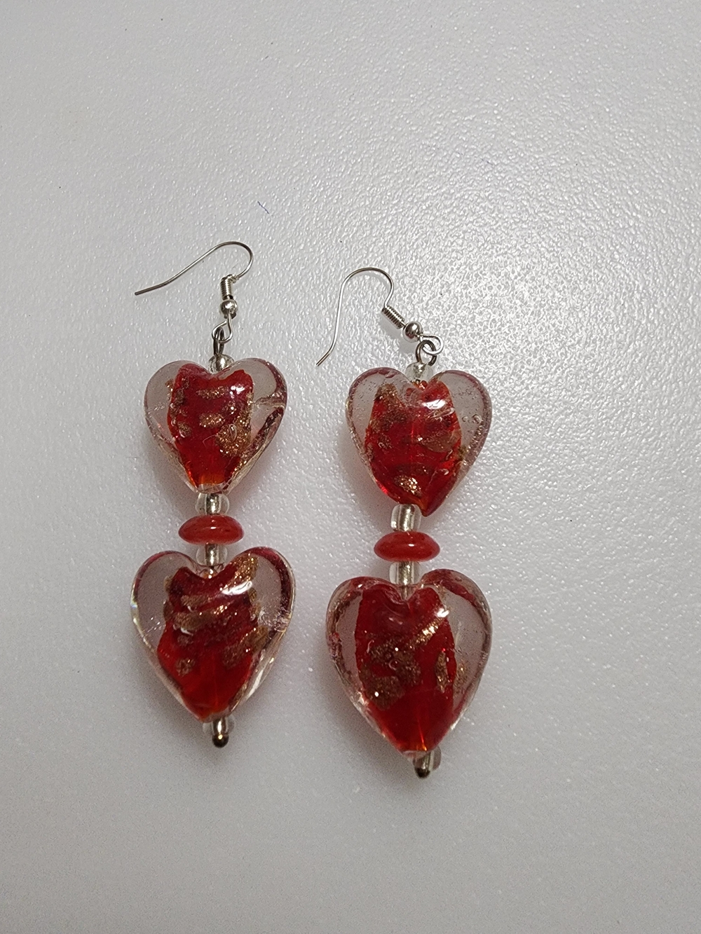 Double Red Heart Drop Glass Earrings